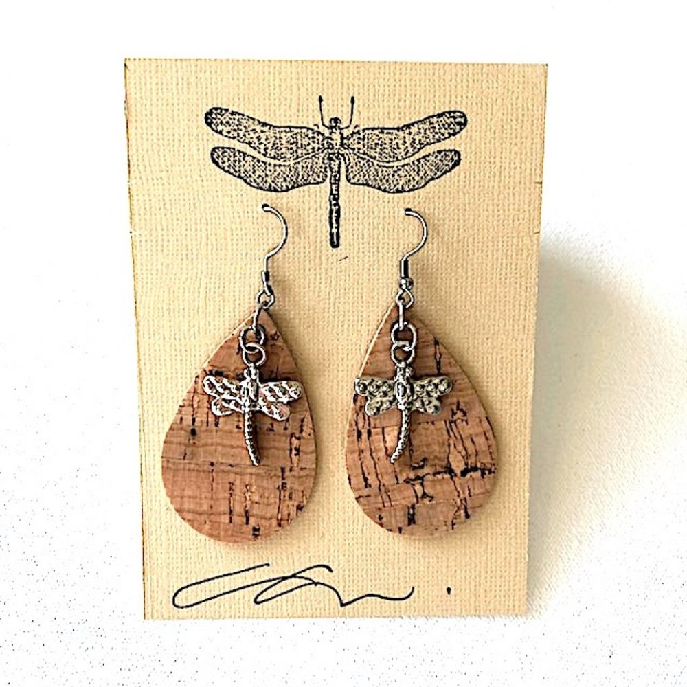 Cork & Silver Dragonfly Earrings
